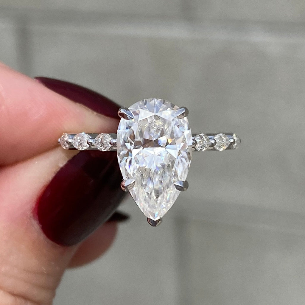 Aubrey 5.2ct Pear Moissanite Engagement Ring w/ Cathedral Band & Marquise Stones - TOVAA