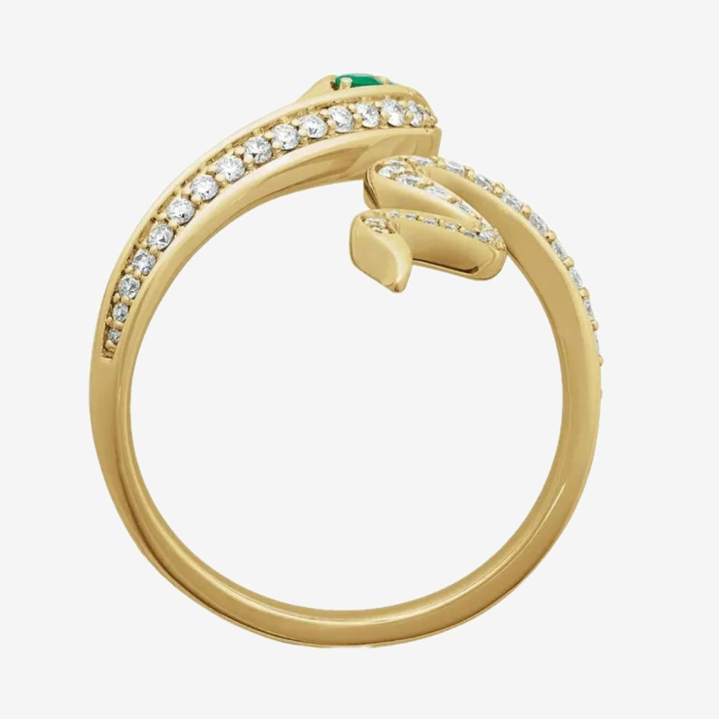 Serpentine Lab Diamond & Emerald Ring w/ Solid Gold Setting - TOVAA