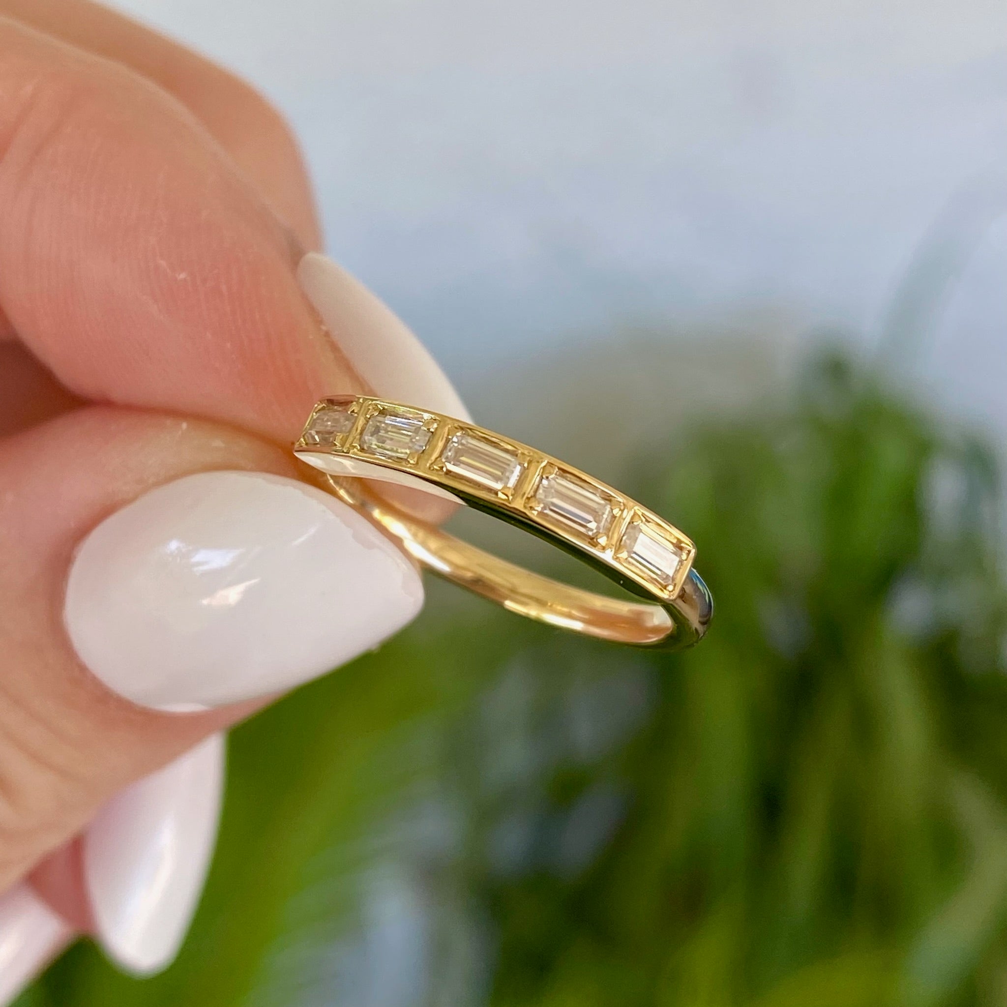 Mekenna 5 Stone Baguette Moissanite Ring w/ 2.5mm Gold Band - TOVAA