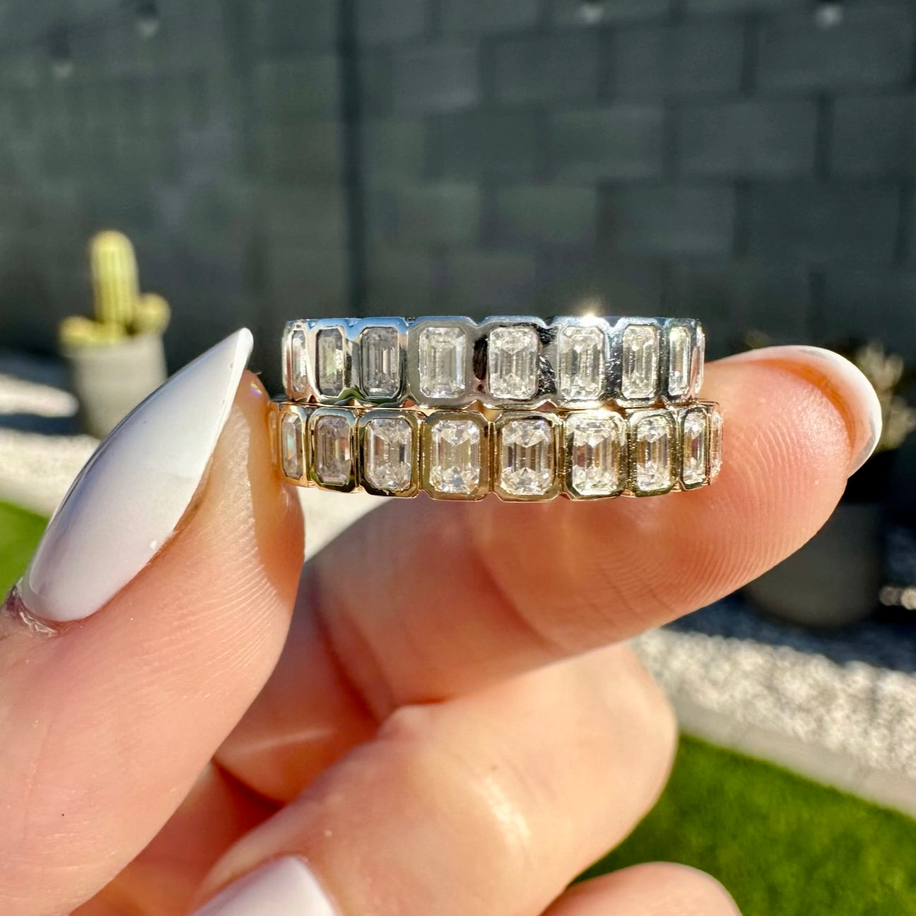 Beau Emerald Moissanite Bezel Set Eternity Band - TOVAA