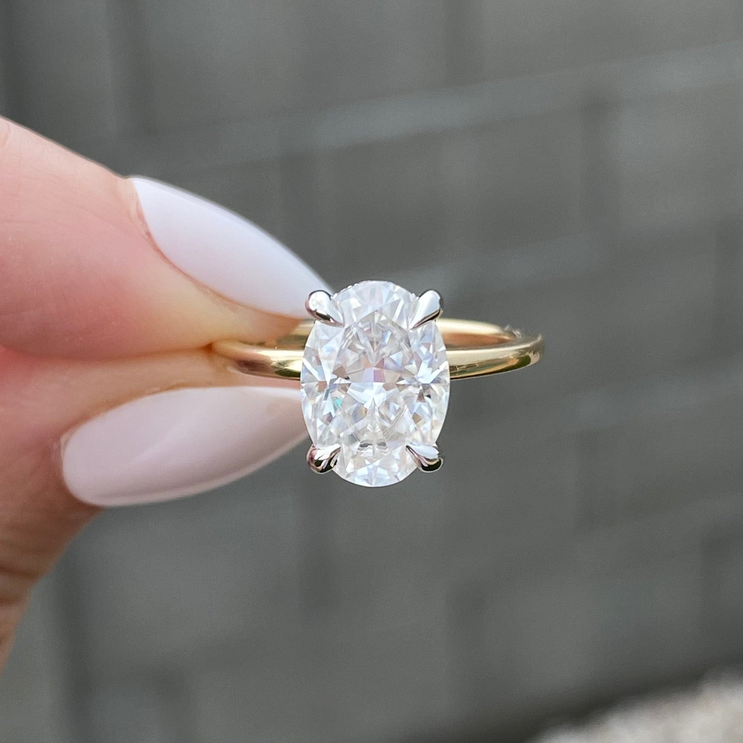 Olivia Flush Oval Moissanite Engagement Ring w/ Hidden Halo & 2-Tone White & Yellow Gold Setting - TOVAA