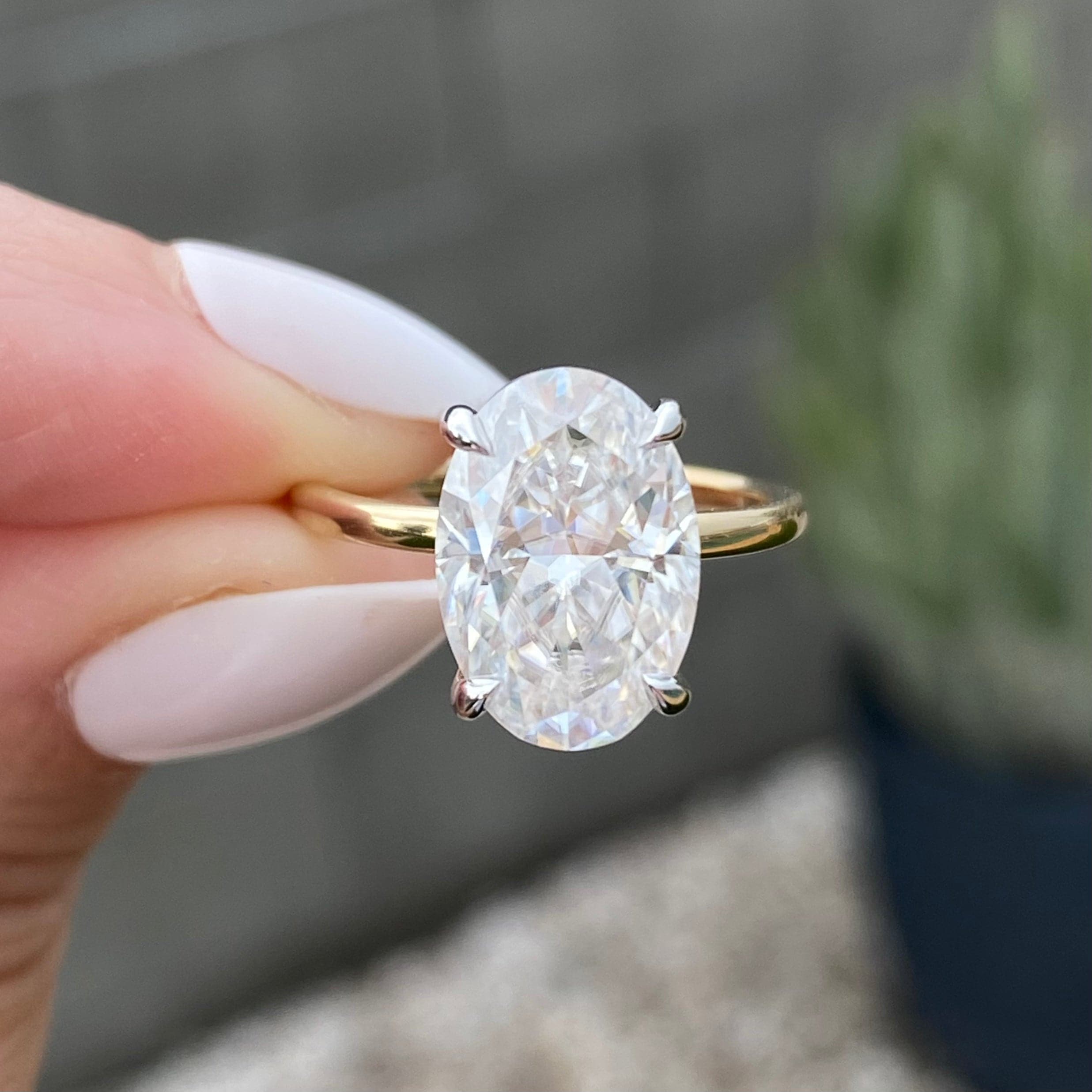 Olivia Flush 5.2 Carat Colorless Oval Moissanite Engagement Ring w/ 2-tone 14k white and yellow gold setting & Hidden Halo