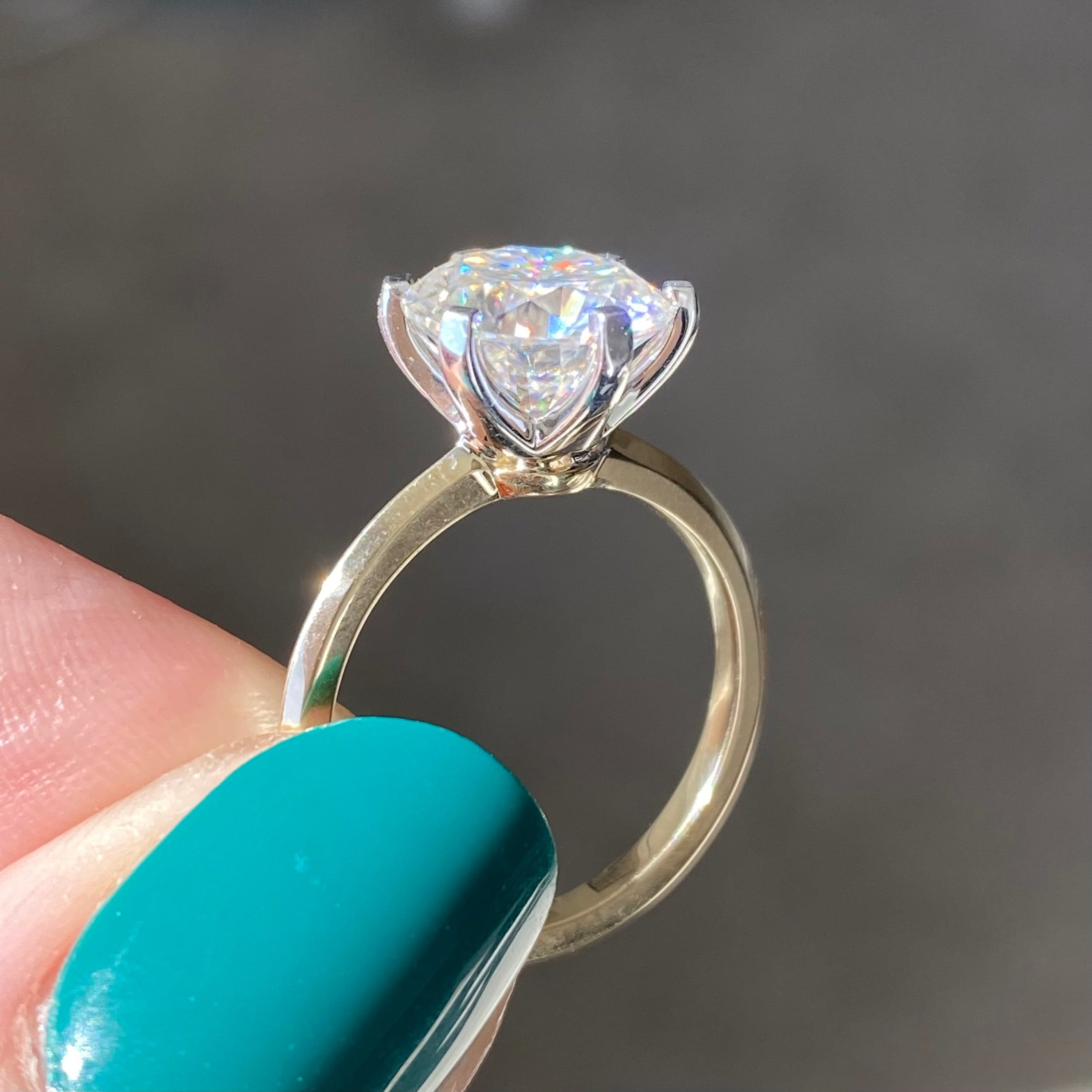 Liv 3ct Round Cut Moissanite Engagement Ring w/ 14k Yellow Gold Band in Size 5.5 - TOVAA