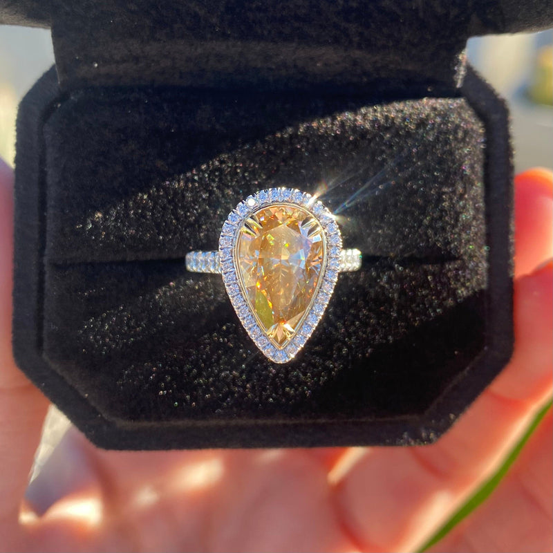 Reese 5.2 ct Canary Pear Moissanite Ring w/ 18k Yellow Gold & Platinum Setting & Dainty Halo - TOVAA
