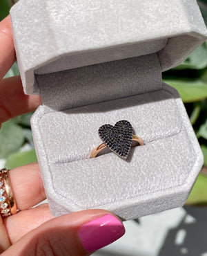 Black Diamond Heart Ring w/ Natural Black Round Diamonds (Size 7.5) - TOVAA
