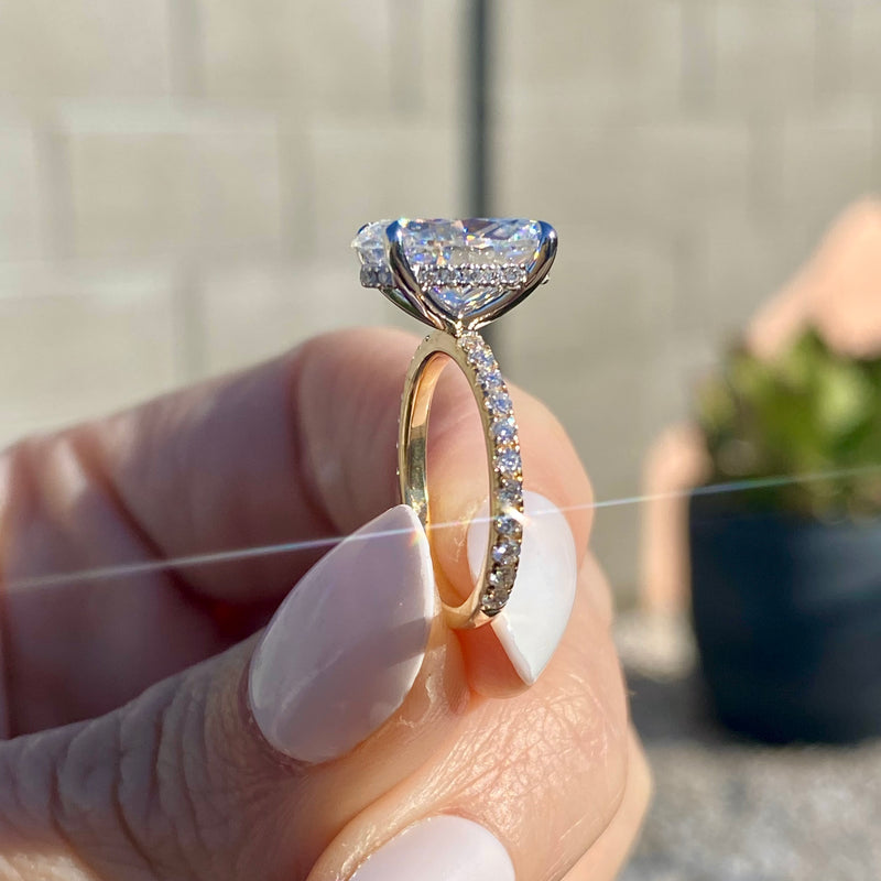 Olivia 4.7 Carat Oval Moissanite Solitaire Engagement Ring with 2-Tone 14k White and Yellow Gold Pavé Setting & Hidden Halo