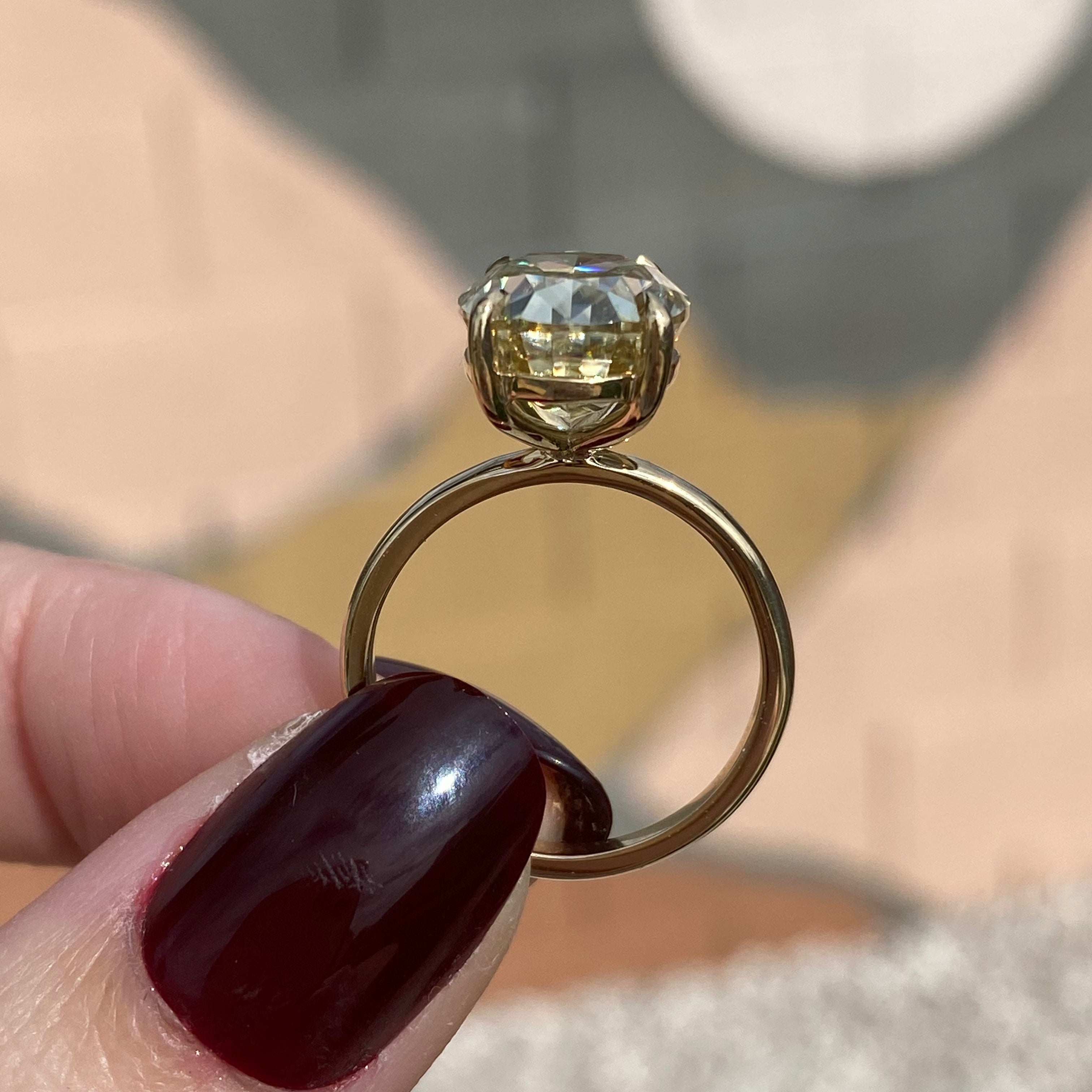 Olivia 6.2 ct Canary Yellow Moissanite Solitaire Ring with 14k Yellow Gold Flush Setting Side view