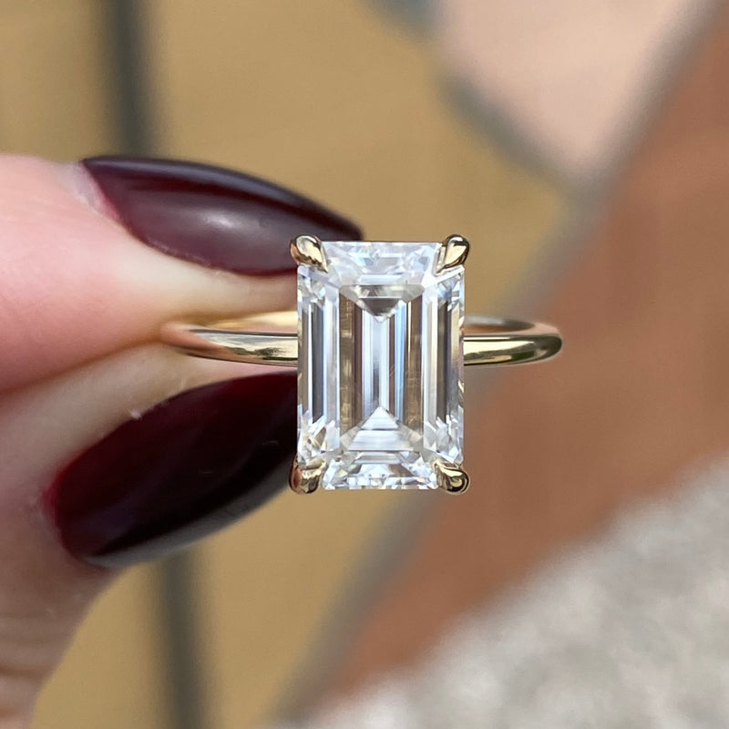 4 Carat Moissanite Emerald Cut Engagement Ring W/ 14k Yellow Gold Flush Setting
