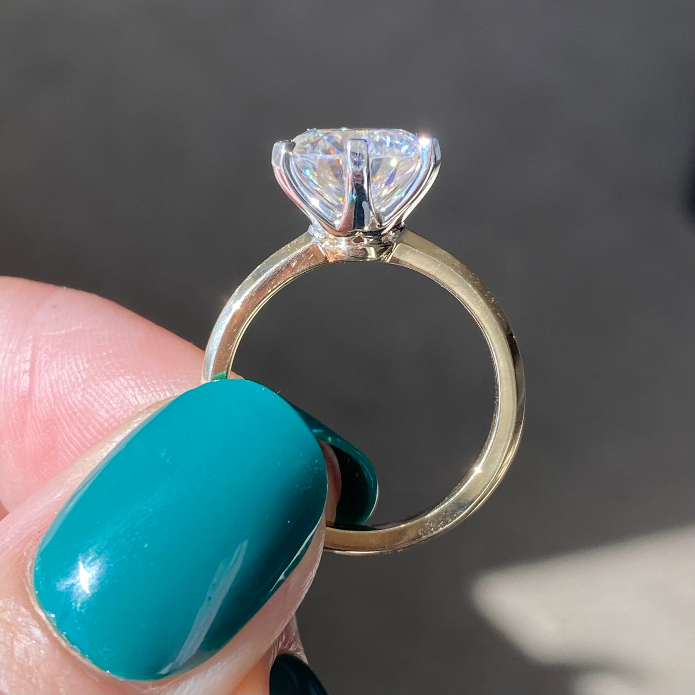 Liv 3ct Round Cut Moissanite Engagement Ring in Size 5.5 w/ Hearts & Arrows Cut and 14k Yellow Gold Band - TOVAA